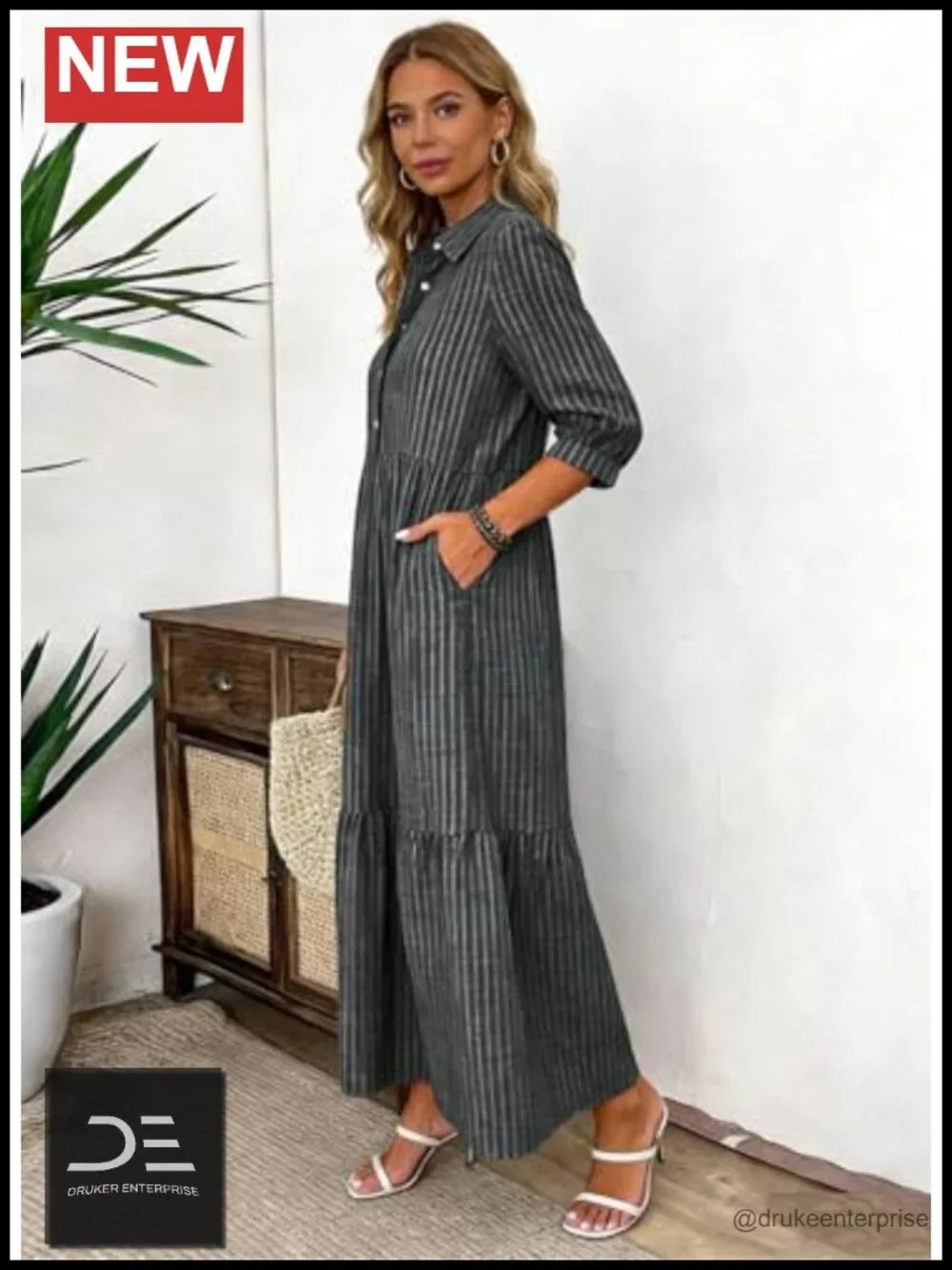 Women's Striped Shirt Maxi Dress - Boho Breezy 3/4 Sleeve Collared